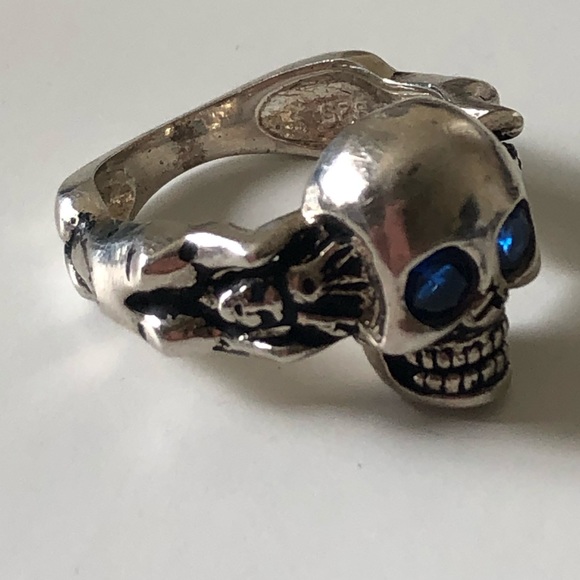 Other - 925 sterling silver biker skull ring blue cz stone